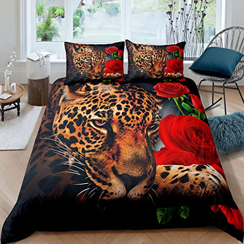 XPINGO Kinder Bettwäsche Leopard 135x200 cm 4teilig Jungen und Mädchen 100% Mikrofaser Sommer Weiche Winter Warm Bettbezüge 3D Rote Rose Bettbezug mit 2 Kissenbezüge 80x80 cm