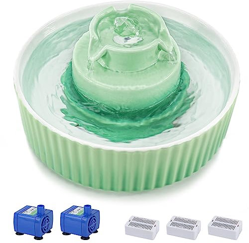 Lawfery Fontaine à eau en céramique pour chat, 2,1 l, fontaine pour chat avec 3 filtres à charbon et 2 pompes à eau, fontaine à eau cupcake pour chats et chiens (vert)