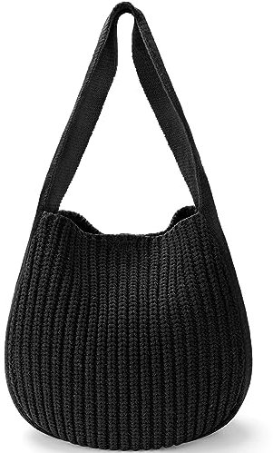 hatisan Frauen Häkeln Tote Taschen Große Häkeltasche Tragetasche Ästhetische Stricktasche Schulter Handtaschen, Schwarz