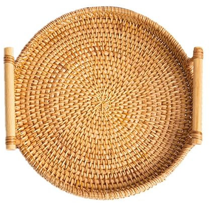 Bandeja de Mimbre Redonda Tejida a Mano para Servir, Pan, Fruta, Postre, Cesta de Aperitivos con Asas, Bandeja de Mimbre Tejida a Mano, Bandeja de Mimbre Grande para Mesa(Diámetro 28 cm Altura 4 cm)