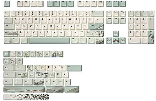 YUNZII Spring Tea Dye Sub PBT Keycaps,145 Full Keys Dye Sublimation PBT Custom Keycaps with Key Puller for Cherry Gateron MX Switches Mechanical Gaming Keyboard (Cherry Profile, Spring Tea)