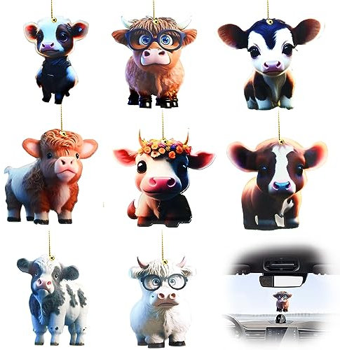 Gukasxi 8 Stück Kuh Weihnachtsschmuck 2D Acryl Cartoon Kuh Dekorative Ornamente Hochland Kuh Auto Anhänger Christbaumschmuck Figuren Lustig Deko Anhänger Weihnachtsanhänger