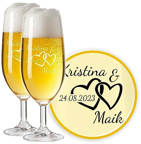 LALALO Leonardo Hochzeit Bierglas Geschenk-Set (2 St.) graviert, Biertulpe/Pilstulpe mit Gravur personalisiert als Hochzeitsgeschenk, Hochzeitstag, Standesamt (Herzharmonie)