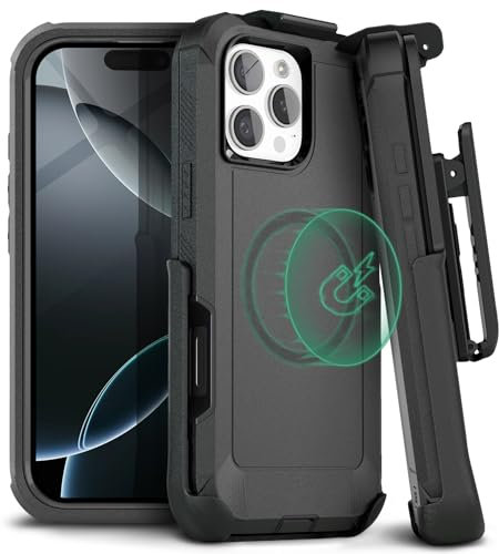 Motive Entworfen für iPhone 16 Pro Hülle mit Gürtelclip, magnetische Hülle, Magsafe-kompatibel, strapazierfähig und vierlagig, militärischer Schutz für iPhone 16 Pro Holster, 6,3 Zoll | Schwarz