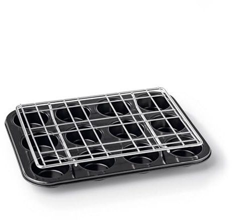 CUCAP Muffinform für 12 Muffins mit Zentrierhilfe Silikonförmchen | Antihaftbeschichtetes Backblech ideal für Cupcakes, Muffins | Muffinblech mit Backgitter für zentrierte Aussparung