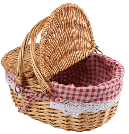 Povxlum Wicker Picnic Basket with Lid Large 36x25x17cm Folding Hand Woven Basket with Handle, Wicker Shopping Basket Empty Gift Basket for Fruit, Candy, Wine, Egg Gathering, Wedding