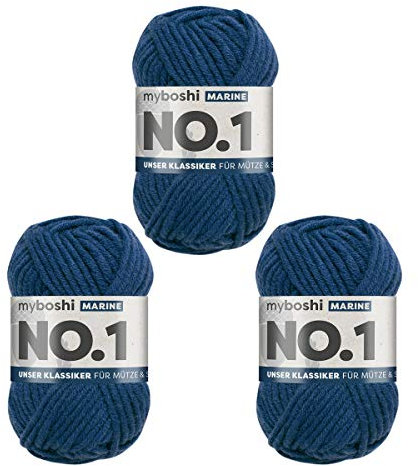 myboshi No.1 Wolle zum Häkeln und Stricken, Schnellstrickgarn, langlebige Mützenwolle, Strickwolle, Häkelwolle, mulesing-frei, 50g, Ll 55m Blau (Marine) 3 Knäuel