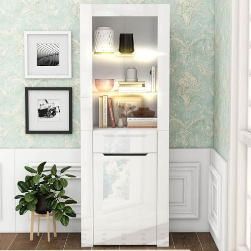 KOMHTOM Vitrine avec étagères en Verre Vitrine de Salon avec 1 tiroir et 1 Porte, Buffet LED pour Salon Chambre à Coucher Couloir Salle à Manger (D)