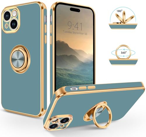 SouliGo iPhone 15 Hülle, iPhone 15 Handyhülle Slim weiche TPU Silikon Case Cover mit 360 Grad Ring Halter Ständer stabil Kratzfest Hülle für iPhone 15 6.1'' Blau Grau