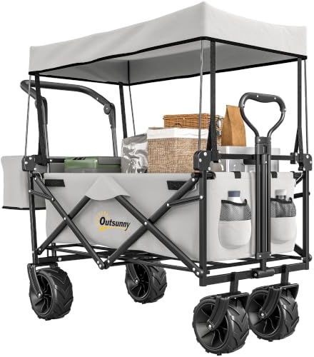 Outsunny 180L Festival Trolley on Wheels, Push Wagon Beach Cart Grey | Push & Pull, Removable Canopy, Wide All-Terrain Wheels, Folding Camping Trolley Cart, Adjustable Handle
