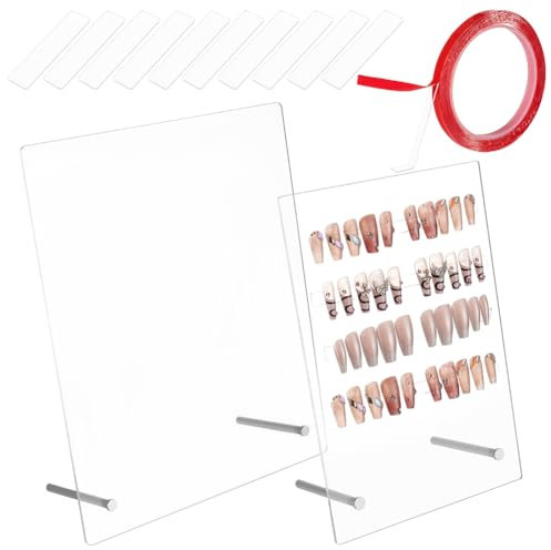 FINGERINSPIRE 2 Pcs Clear Acrylic Nail Art Display Holder with 2 Styles, 3m Double Sided Adhesive Tape, 10 Pcs Acrylic Clear Strips Tape Nail Stand