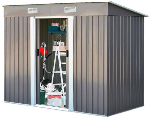 HOMASIS Gerätehaus Metall, wetterfest Geräteschuppen mit Pultdach, 238x131x181cm, Gartenhaus mit 2 Schiebetür & 4 Lüftungsfenster, Gartenschuppen Gartenhütte Gartengerätehaus Outdoor, Grau