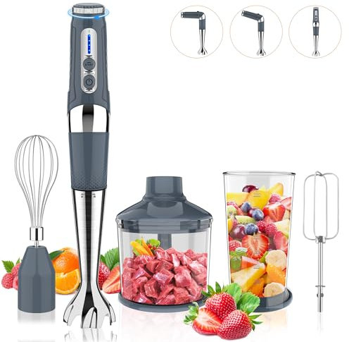 Batidora de inmersión inalámbrica, batidora de mano eléctrica recargable 4 en 1, 21 velocidades y 3 ángulos ajustables con picadora de 700 ml, vaso de 700 ml, batidor de huevos y batidor para batidos,