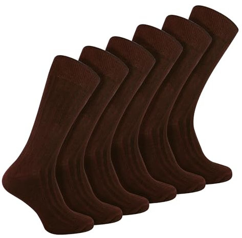 6 Pairs Multipack Mens Ribbed Dress Socks | Sock Snob | Breathable Crew Cotton Socks (6-11, Brown)
