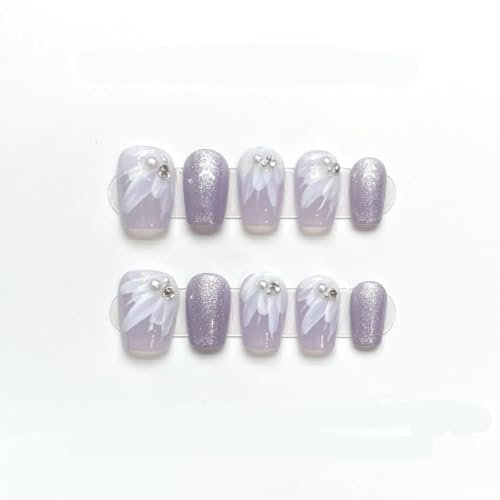 10Pcs Purple Flower Handmade Short Press on Nails Fake Nails Ballet Full Cover Coffin Manicure Decoration Wearable Nails Tips(Color:4,Size:XS)