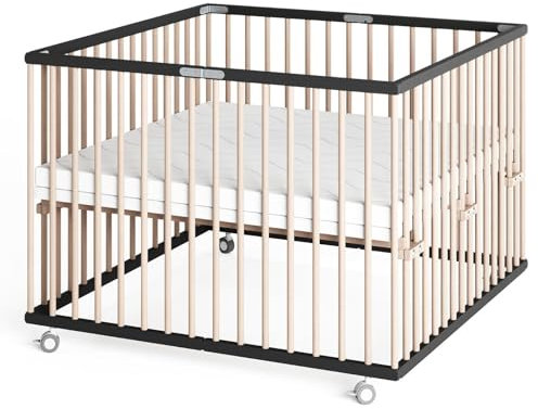 Sämann Laufstall faltbar Baby 100x100 cm mit Matratze | stufenlos höhenverstellbar | Laufgitter Premium | Babybett aus Holz | Krabbelgitter schwarz/natur