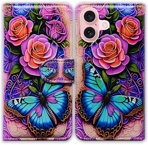 Bcov Case For iPhone 16,Blue Butterfly Flowers Rose Leather Flip Phone Case Wallet Cover with Card Slot Holder Kickstand Case For Apple iPhone 16