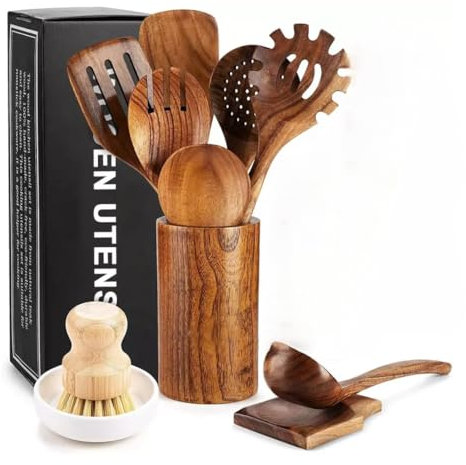 Click Bargain Wooden Utensil Set and Holder Spatula Set for Cooking Wooden Kitchen Accessories 9PCS Set
