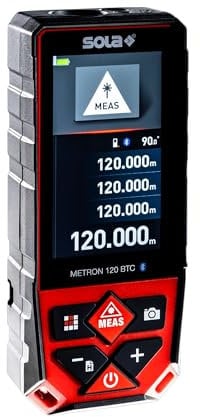 SOLA METRON 120 BTC - Laser-Entfernungsmesser 120 m - Laser-Messgerät – 17 Messfunktionen - Kamera mit eingebautem 4-Fach Zoom - USB Schnittstelle - Bluetooth + App – NI-Mh Akku – IP65