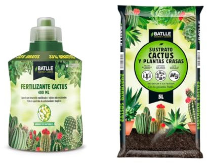 Pack Cactus: Fertilizante para cactus 400ml + Sustrato para cactus 5 litros. Ideal para crasas y suculentas. Listos para usar. Aporte de nutrientes.