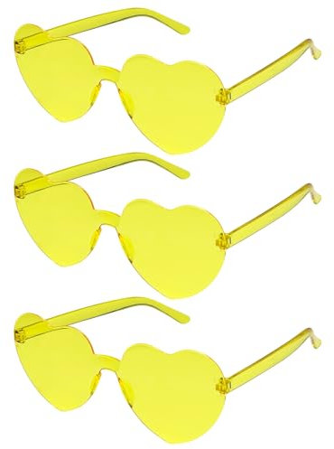 Bliceon 3 Pcs Heart Glasses, Yellow Heart Shaped Sunglasses, Rimless Yellow Sunglasses for Birthday Party, Beach Party