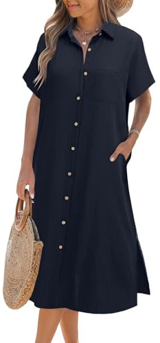 Zeagoo Camicia Abito Donna Lunga Camicetta con Bottoni Abito da Spiaggia Casual Estate Beach Camicia Blu Navy M