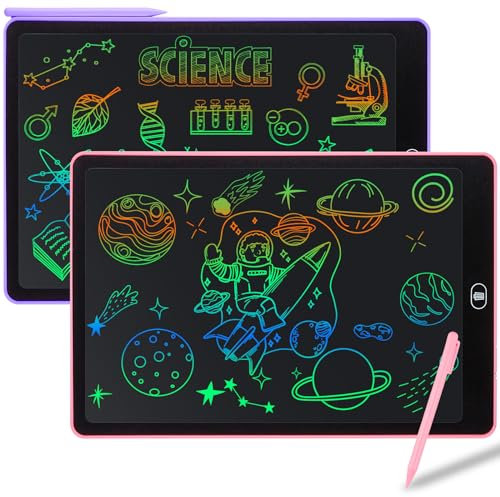 Damcyer Tableta de Escritura LCD 15 Pulgadas-2 PCS,Tablero de Dibujo Electrónico con Pantalla Colorida,Cuaderno Borrable con Pegatinas de Animales, para Niños y Niñas de 3 4 5 6 Años,Rosa + Púrpura