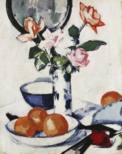 ARTXLXXBN Famous Print Painting Colorful Art Print Pink and Tangerine Roses in Aand White Beaker Vase by Samuel John Peploe Canvas Art Decorations for Home Decor 60x90cm