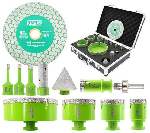 FACHLICH Tile Hole Cutter Set-(6/8/10/25/35/50/68/110mm+20mm Finger Bit+50mm Chamfer Bit+HEX Adapter+125mm Saw Blade) Diamond Hole Saw Kit for Porcelain Tile Ceramic Marble Brick Granite M14 Thread