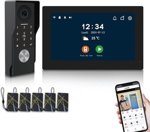 2-Draht-Video-Türsprechanlage für Wohnung,7-Zoll-Touchscreen mit Nachtsicht-Unterstützung,4 in 1 Entriegelung, Zwei-Wege-Sprechanlage für Villen nach Hause (1 schwarze Türklingel+1 schwarze Montor)