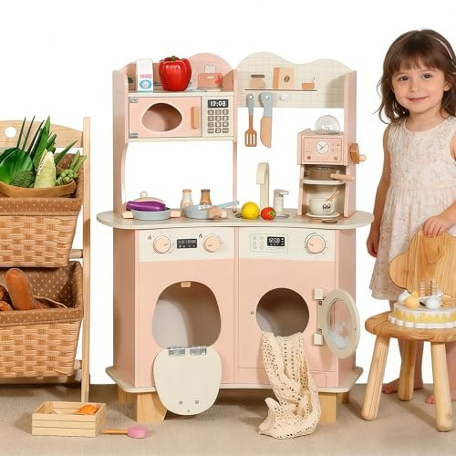 Skirfy Spielküchen aus Holz für Kinder & Kleinkinder, Puppenküche Zubehör mit Mikrowellenofen, Waschmaschine, Kaffeemaschine, Geschirr-Geschenke ab 3 Jahren