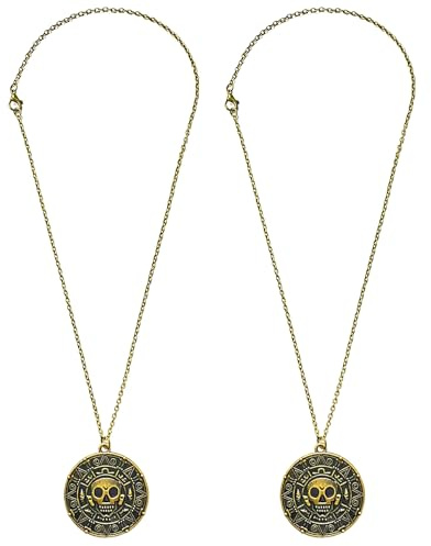 YAUOIPI 2 Pcs Vintage Skull Gold Coin Necklace, Pirate Necklaces Skull Pendants Coin, Pirates Medallion Charm Necklace, for Halloween Cosplay Dress Up Costume Accessories