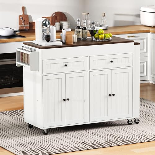 NADEUSAK Kücheninsel Arbeitsplatte Schubladen Weiß+Nussbaum, Ausziehbarer Essbereich, Mobile Kücheninsel freistehend, Ideal für Küche und Esszimmer