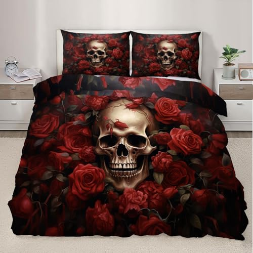 XEODIAT Skull Single Size Bedding Set Romantic Rose Duvet Cover Set 3 Piece Gothic Aesthetics Printed Comforter Cover Set for Teens Kids Boys Girls (Single)