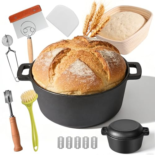 Brotbacktopf 26cm Gusseisen Topf Brot Backen, Backen inkl. Gärkorb, Bäckermesser & Teigschaber, Extra Groß Brotbackform Dutch Oven Vielseitiger Bräter zum Backen, Schmoren, Braten, Kochen