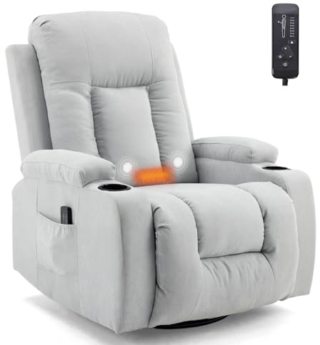 LEADZM Fernsehsessel Relaxsessel mit 360°-Drehung, Elektro-Massagesessel | mit Liegefunktion, Massage, Heizung, 2 Seitentaschen und Getränkehalter, TV-Sessel mit Liegeposition, Hellgrau