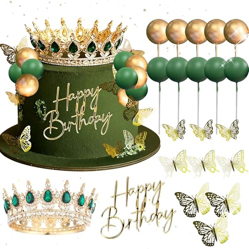 Green Crown Cake Topper Gold Balls Cake Decor Crown Birthday Decor | Gold Butterfly Sign for Birthday Baby Shower
