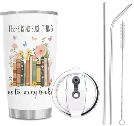 Aurelx Exquisite Insulated Tumbler for Book Lovers, White Tumbler Cup with Straw and Lid, Leakproof Travel Mug for Office Commute, Book Lovers Gifts for Readers