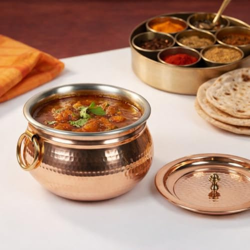 Trifri Traditional Copper Handi with Lid - Hammered Finish Indian Cookware with Stainless Steel Lining & Brass Knob | Ideal for Curries, Biryanis & Slow Cooking | Durable Kitchen Serveware