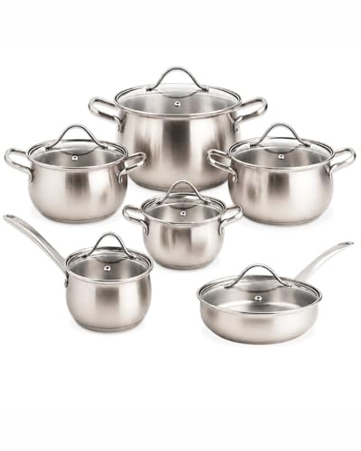 BAVARY Lot Poele Et Casserole Inox 18/10, 12 Pcs Lot Casserole Et Poele Induction - Faitout Induction - Batterie De Cuisine Induction - Casserole Induction & Couvercles Verre - Ustensiles De Cuisine