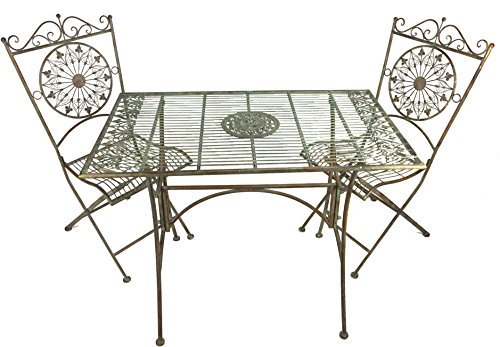Crispe home & garden Almeria Gartenmöbel-Set | Tisch 100x60x74 cm und 2 Stühle 48x50x98 cm | Antikgrün | Metall pulverbeschichtet | Landhausstil | Balkon Terrasse Garten