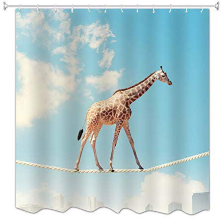 A.Monamour Niedliche Giraffe, Die Auf Seil-Tier-Show-Thema Blauen Himmel Posterdrucke Wasserdichtes/Wasserabweisendes Gewebe Polyester-Duschvorhang Für Badezimmerkinder 180X200 cm / 72 X78