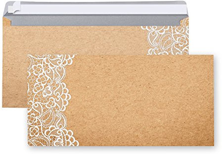 Logbuch-Verlag 20 vintage Briefumschläge braun beige weiß - Kraftpapier-Optik mit Spitze bedruckt - 22 x 11 cm - Kuverts Umschläge Hochzeitseinladung Einladungen