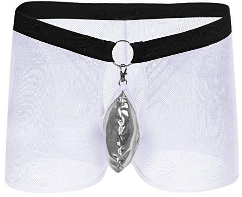 FYMNSI Herren Boxershort Transparent Netz Briefs Slip Metall Ring Retroshorts Männer Boxerbriefs Sexy Mesh Unterwäsche Durchsichtige Trunks Shorts Dessous Unterhosen Reizwäsche Nachtwäsche Weiß