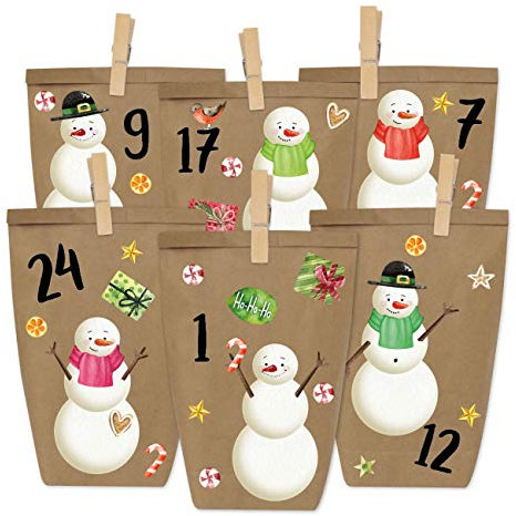 Papierdrachen Adventskalender zum Befüllen - Schneemann zum Aufkleben - mit 24 braunen Papiertüten und tollen Stickern für Kinder - Weihnachten