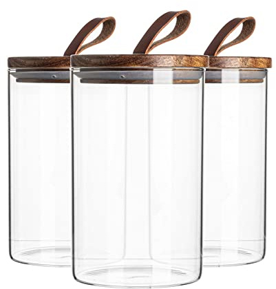 Argon Tableware Scandi Storage Jars with Leather Loop Lids - 1000ml - 6 Pack - Modern Round Organisation Container Glass Jar for Kitchens, Pantry, Bathrooms, Utility Rooms