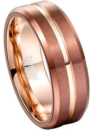 Corato Unisexe 8mm Bague en Or Rose Marron avec Bague de Mariage en Carbure de TungstèNe Cannelé pour Hommes Femmes TrèS Polie Taille 61(19.4)
