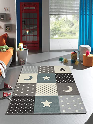 the carpet Monde Kids Moderner Weicher Kinderteppich, Weicher Flor, Pflegeleicht, Farbecht, Lebendige Farben, Mond, Stern, Blau, 120 x 170 cm