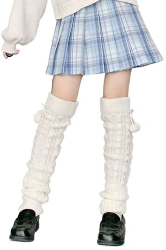 NUFIWI Harajuku Japanische Lolita Beinstulpen Gothic Knit Lange Socken Leggings Gamaschen Knie Goth Winter Manschette Knöchel Haufen Socke, Ball Weiß Lang, Einheitsgröße