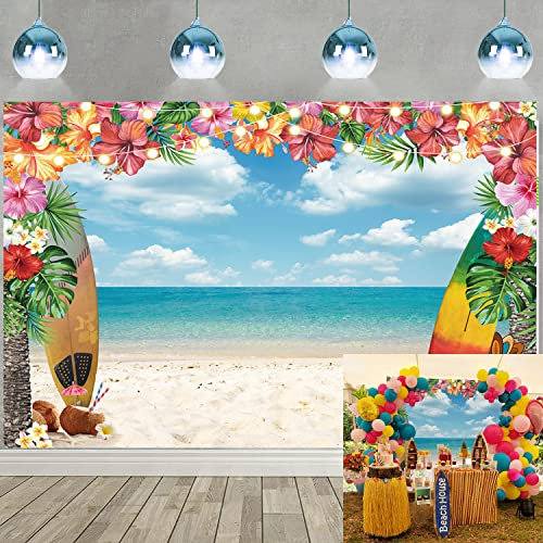 Sommer Aloha Hintergrund Luau Tropische Blumen Blauer Himmel Ozean Surfbrett Hawaii Strand Fotografie Hintergrund neugeborenes Baby dusche Geburtstagsfeier Dekoration Foto Requisiten